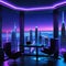 a beautiful skyline view at night from retro futuristic home office with multiple computer home