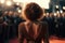 Beautiful Slender Woman In Open Back Dress Stands Backwards On The Red Carpet In Front Of The Paparazzi. Generative AI