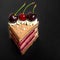 Beautiful Slice Chocolate caramel cake with cherries on dark background