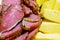 Beautiful sliced food arrangement close-up photo. Background