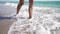 Beautiful Slim Female Legs Walk Barefoot Sea Coast. Pretty Girl Seaside Surf