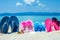 Beautiful slippers in the sand by the sea greece on nature background