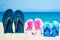 A beautiful slippers in the sand by the sea greece on nature background