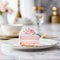 beautiful small pink cake on a marvel plot with modern kitchen background - ai generated