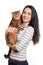 Beautiful smiling brunette girl and her ginger cat over white ba