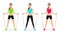 Beautiful smiling fitness woman posingn with jumping rope. Fit girl in sportswear. Vector character set.