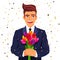 Beautiful smiling man with a bouquet of flowers