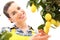 Beautiful smiling woman harvest a lemon from tree