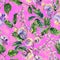Beautiful snail vine twigs with purple flowers on bright pink background. Seamless floral pattern. Watercolor painting.