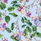 Beautiful snail vine twigs with purple flowers on light blue background. Seamless floral pattern. Watercolor painting.