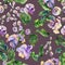 Beautiful snail vine twigs with purple flowers on plum color background. Seamless floral pattern. Watercolor painting.