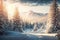 Beautiful snow-covered forest day fir trees, pines, it\\\'s snowing. Mountains and the sun.