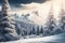 Beautiful snow-covered forest day fir trees, pines, it\\\'s snowing. Mountains and the sun.