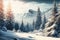 Beautiful snow-covered forest day fir trees, pines, it\\\'s snowing. Mountains and the sun.