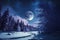 Beautiful snow-covered forest at night, fir trees, pines, it\\\'s snowing. Mountains and the moon.