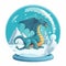 A beautiful snow glass globe with an ice dragon on the snow cartoon, I Generated