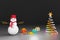 Beautiful snowman, gift, glowing neon christmas tree sparkles Lights background 3D rendering