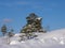 Beautiful snowy and tranquil winter scene with untouched snowbanks and pine trees