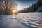 Beautiful snowy winter landscape in the countryside, cold season wallpaper, AI Generated