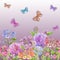 Beautiful soft hydrangea flowers and colorful butterflies on gradient pink background. Square template. Seamless floral pattern.