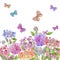 Beautiful soft hydrangea flowers and colorful butterflies on white background. Square template. Seamless floral pattern.
