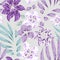 Beautiful softness tropical floral vector seamless pattern. Purple and white flowers with leaves on gray background.