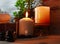 Beautiful spa composition with candles, flowers, jars of mineral salts, oils and other decoration elements