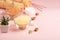 Beautiful spa composition on a pink background. Spa, relaxation, skin care and beauty