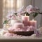 Beautiful spa salon pink composition in wellness center. Spa still life with aromatic candle, orchid flower.