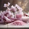 Beautiful spa salon pink composition in wellness center. Spa still life with aromatic candle, sakura flowers.