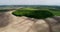 Beautiful space landscape. Aerial view of mystical green trees island on a field