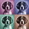 Beautiful Spaniel Portrait, Pop art collage in four colourways Digital illustration of a young dog with collar, front view.