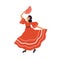 Beautiful spanish flamenco dancer dancing with fan in traditional red dress. Hispanic passion woman in national costume