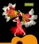 Beautiful Spanish girl, wearing red dress, and with rose in her hair, is dancing flamenco on the silhouette of guitar.