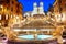Beautiful Spanish Steps, the Church of the Santissima TrinitÃ  dei Monti and the Fountain of the Boat in the lights at night