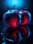 Beautiful Spectral Light, A bunch of Red Apple, apple petals Blue Light Glinting on,water drop reflection light, generative ai