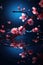 Beautiful Spectral Light red Peach Blossom Branches, flower petals Blue Light Glinting on, Background is Blue, generative ai