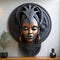 Beautiful Spirit African Woman Wooden Mask on the Wall extreme closeup. Generative AI