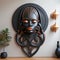 Beautiful Spirit African Woman Wooden Mask on the Wall extreme closeup. Generative AI