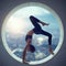 Beautiful sporty fit yogi woman practices yoga asana Eka Pada Urdhva Dhanurasana in a round window