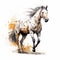 A beautiful spotted horse going in the field on a white background, watercolor painting