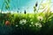 Beautiful spring background nature. Beautiful nature scene with blooming chamomiles in sun flares, green meadow. generative AI