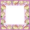 Beautiful spring border made of fresh rose flowers and leaves with veins. Square pink frame with white background for a text.