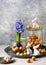 Beautiful spring floristic arrangement with blue grape hyacinthine flower and onion sets in the old glass jars.