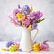 Beautiful spring flowers bouquet and Easter decor