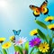 Beautiful Spring Flowers and Butterflies Floating Above Them