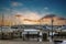 a beautiful spring landscape at Fisherman\\\'s Wharf on Pier 39 with boats and yachts docked in the harbor with ocean water