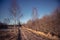 A beautiful spring landscape with a gravel road. Springtime scenery of an old road