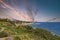 a beautiful spring landscape at Point Dume beach with blue ocean water, lush green trees and plants, homes along the cliffs, waves