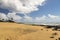 a beautiful spring landscape at Sandy Beach with blue ocean water, silky brown sand, people relaxing, palm trees in Honolulu